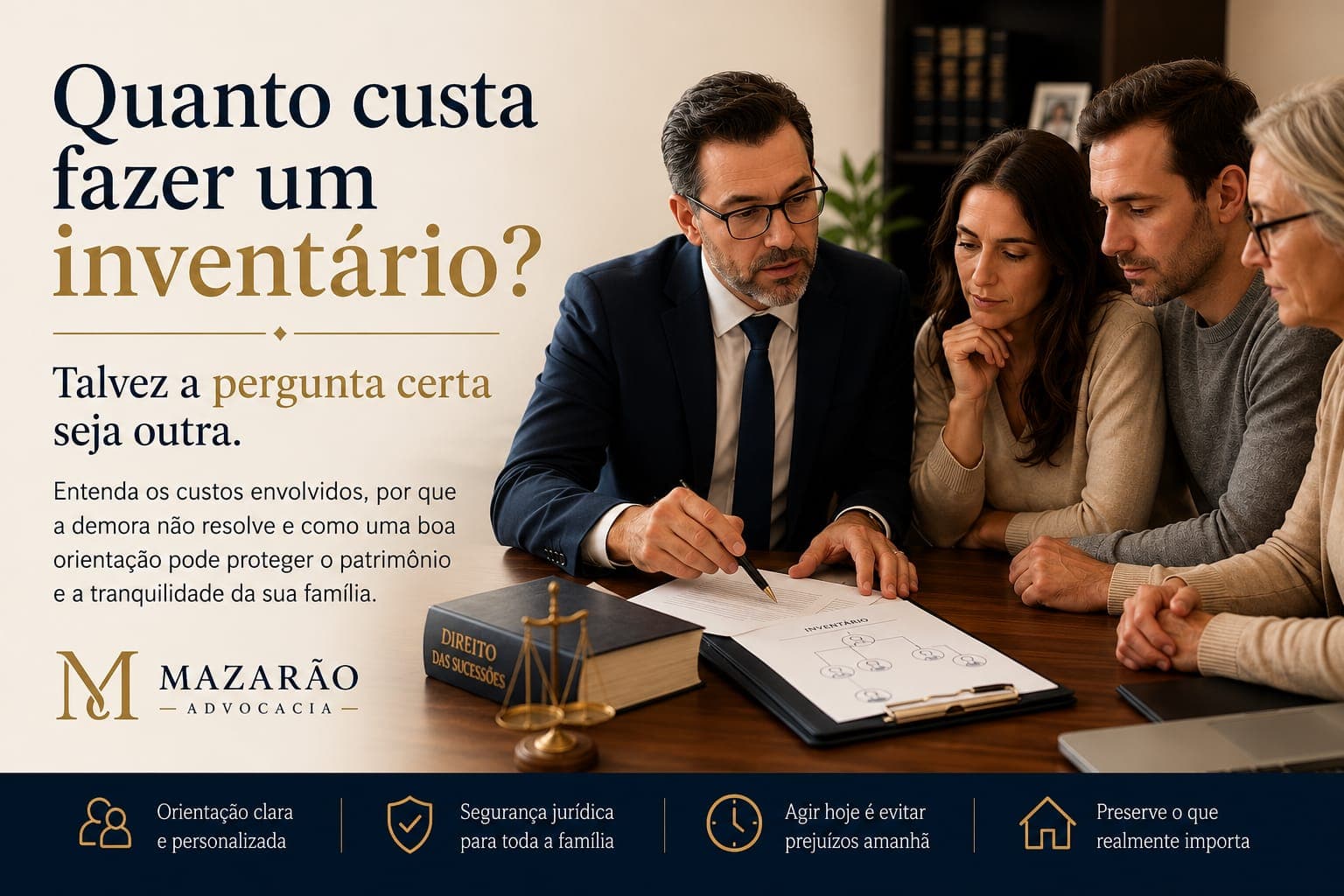 Advogado orientando uma família sobre os custos de um inventário