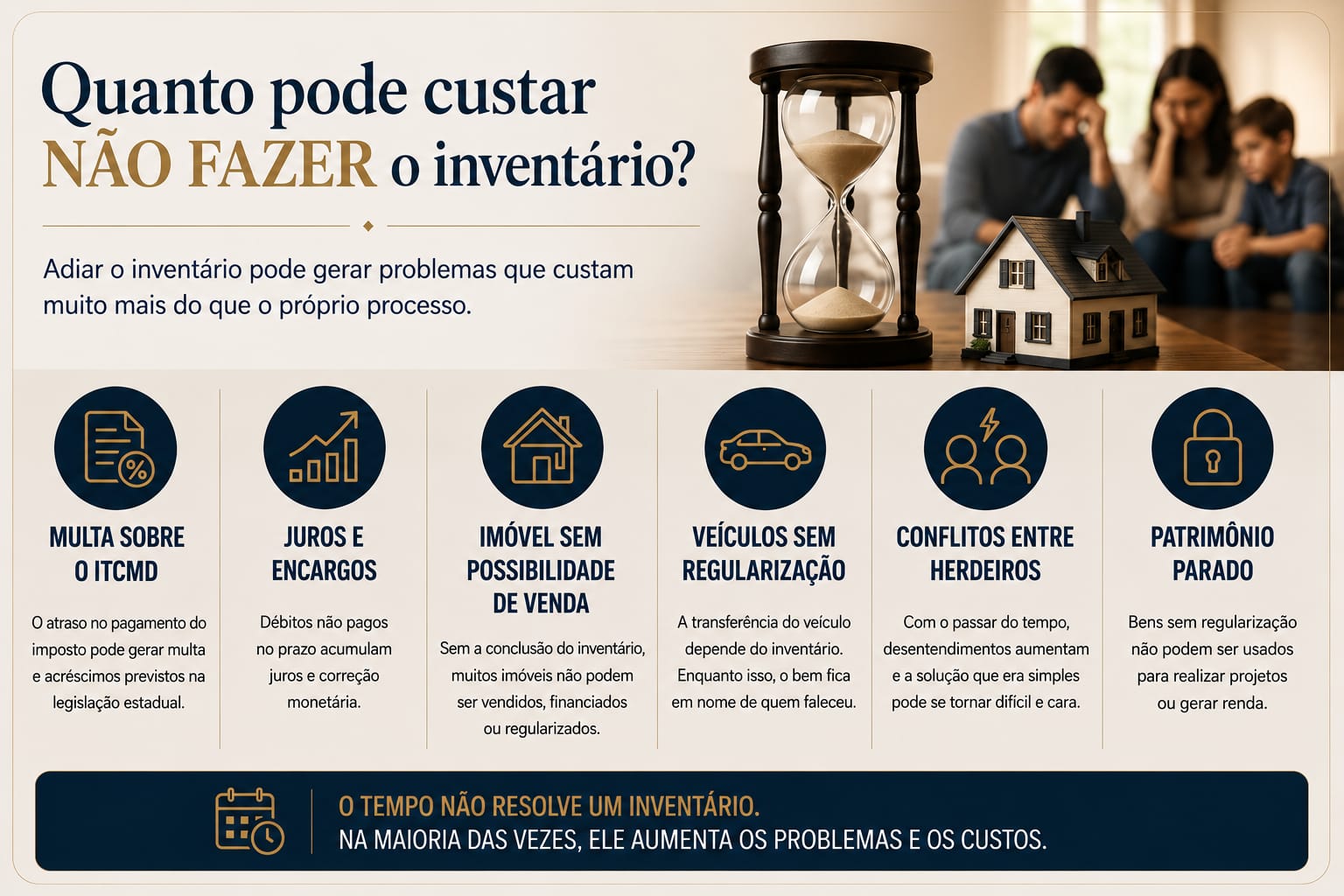 Infográfico "Quanto pode custar não fazer o inventário?", listando multa sobre o ITCMD, juros e encargos, imóvel sem possibilidade de venda, veículos sem regularização, conflitos entre herdeiros e patrimônio parado