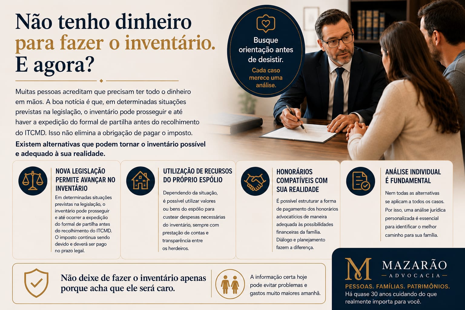 Infográfico "Não tenho dinheiro para fazer o inventário. E agora?", com alternativas como a nova legislação, o uso de recursos do próprio espólio e honorários compatíveis com a realidade da família